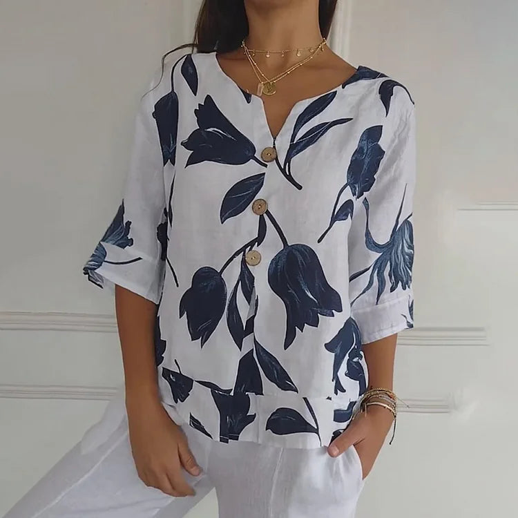 Jeanne | Elegancka Bluzka Kwiatowa – Centralne Zapięcie i Krótkie Rękawy