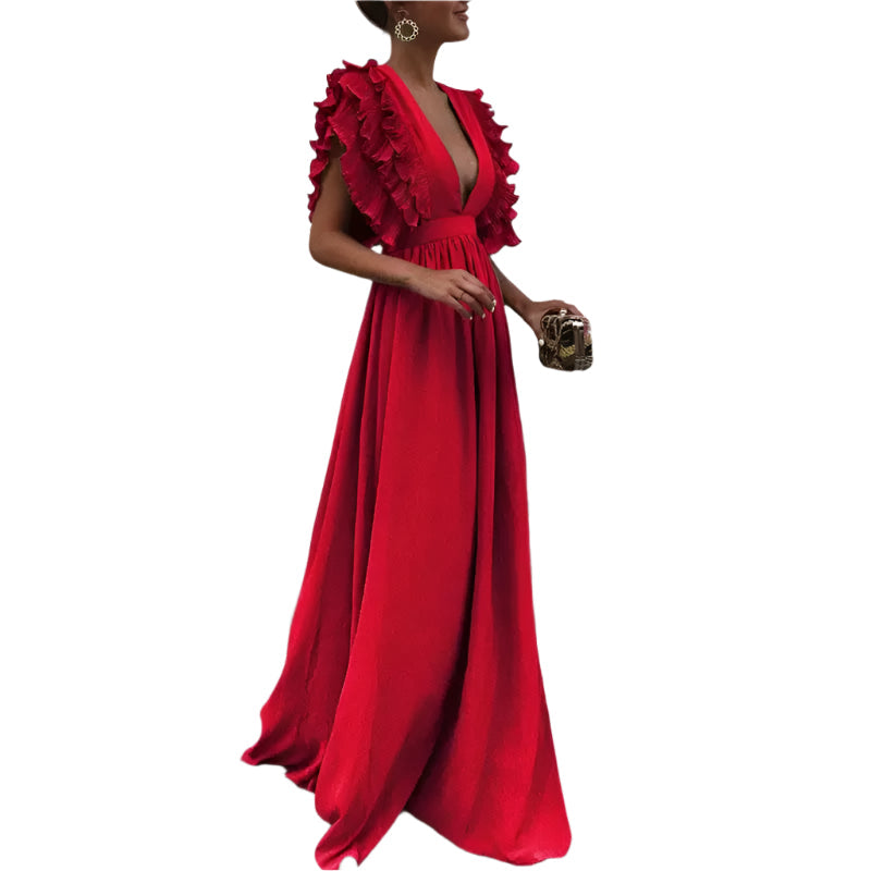 Louise | Abito Lungo Elegante con Volant e Scollatura Profonda