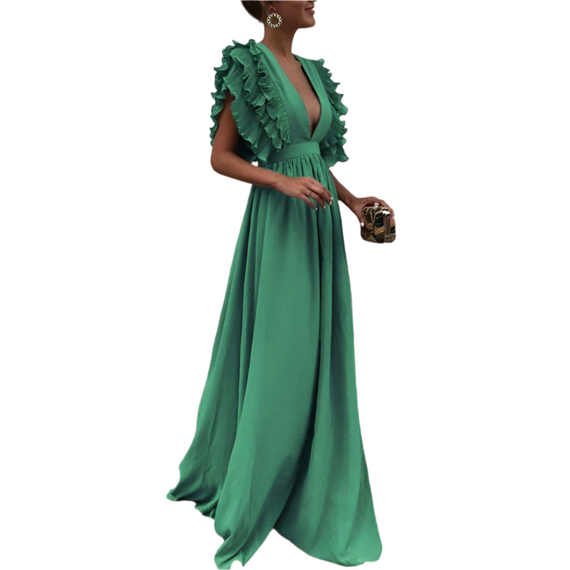 Louise | Abito Lungo Elegante con Volant e Scollatura Profonda