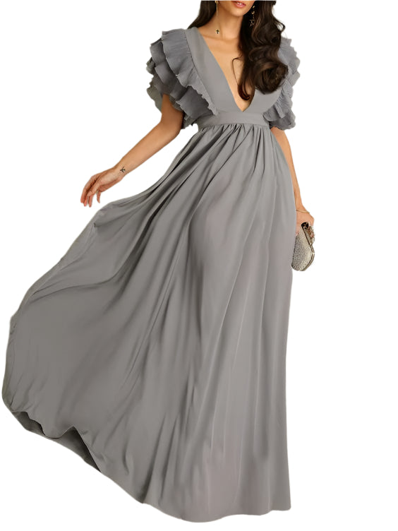 Louise | Abito Lungo Elegante con Volant e Scollatura Profonda