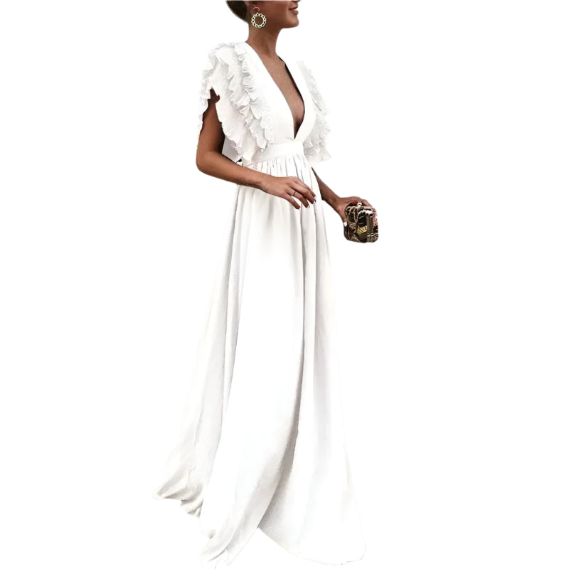 Louise | Abito Lungo Elegante con Volant e Scollatura Profonda