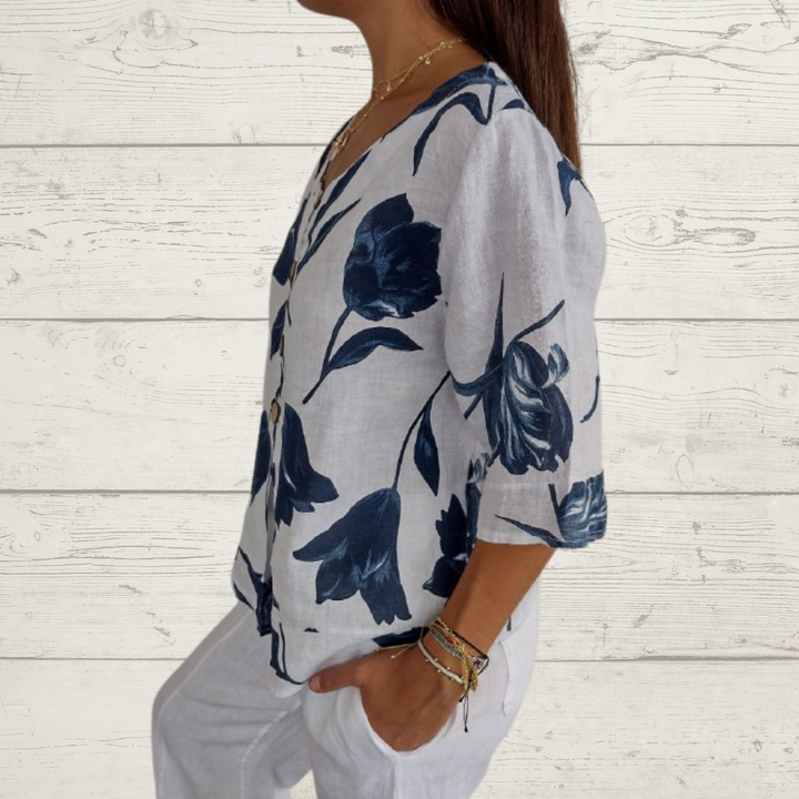 Jeanne | Elegancka Bluzka Kwiatowa – Centralne Zapięcie i Krótkie Rękawy
