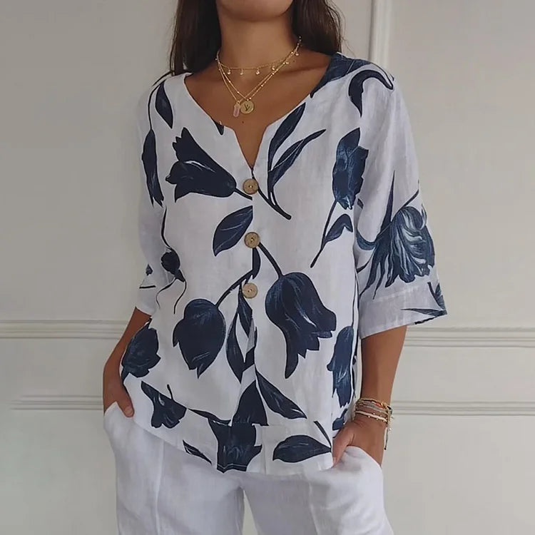 Jeanne | Elegancka Bluzka Kwiatowa – Centralne Zapięcie i Krótkie Rękawy