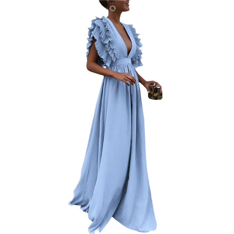 Louise | Abito Lungo Elegante con Volant e Scollatura Profonda