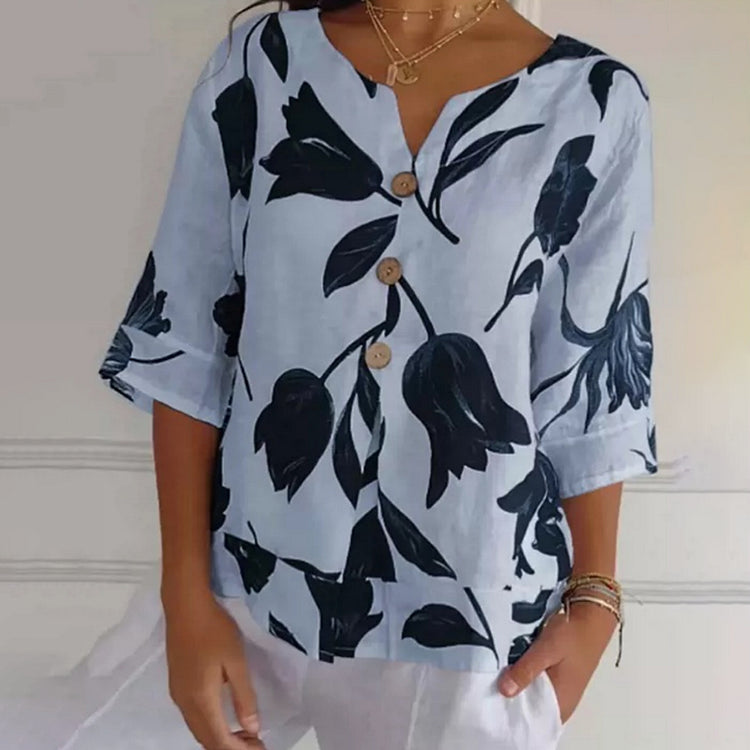Jeanne | Elegancka Bluzka Kwiatowa – Centralne Zapięcie i Krótkie Rękawy