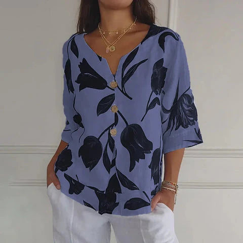 Jeanne | Elegancka Bluzka Kwiatowa – Centralne Zapięcie i Krótkie Rękawy