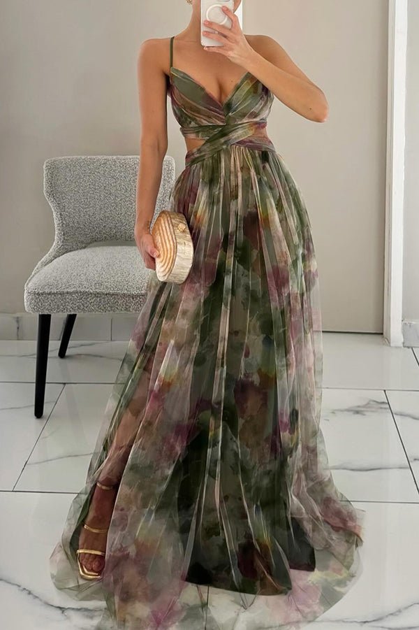 Florence | Elegant Lang Kjole Med Kunstnerisk Trykk 