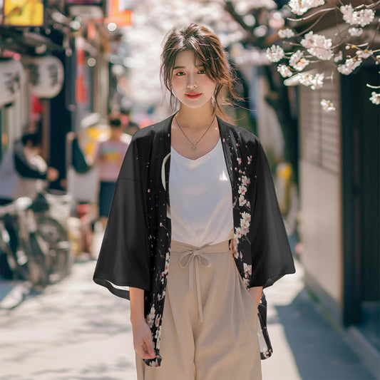 Clémence | Women's Black Kimono Jacket Cherry Blossom Print 