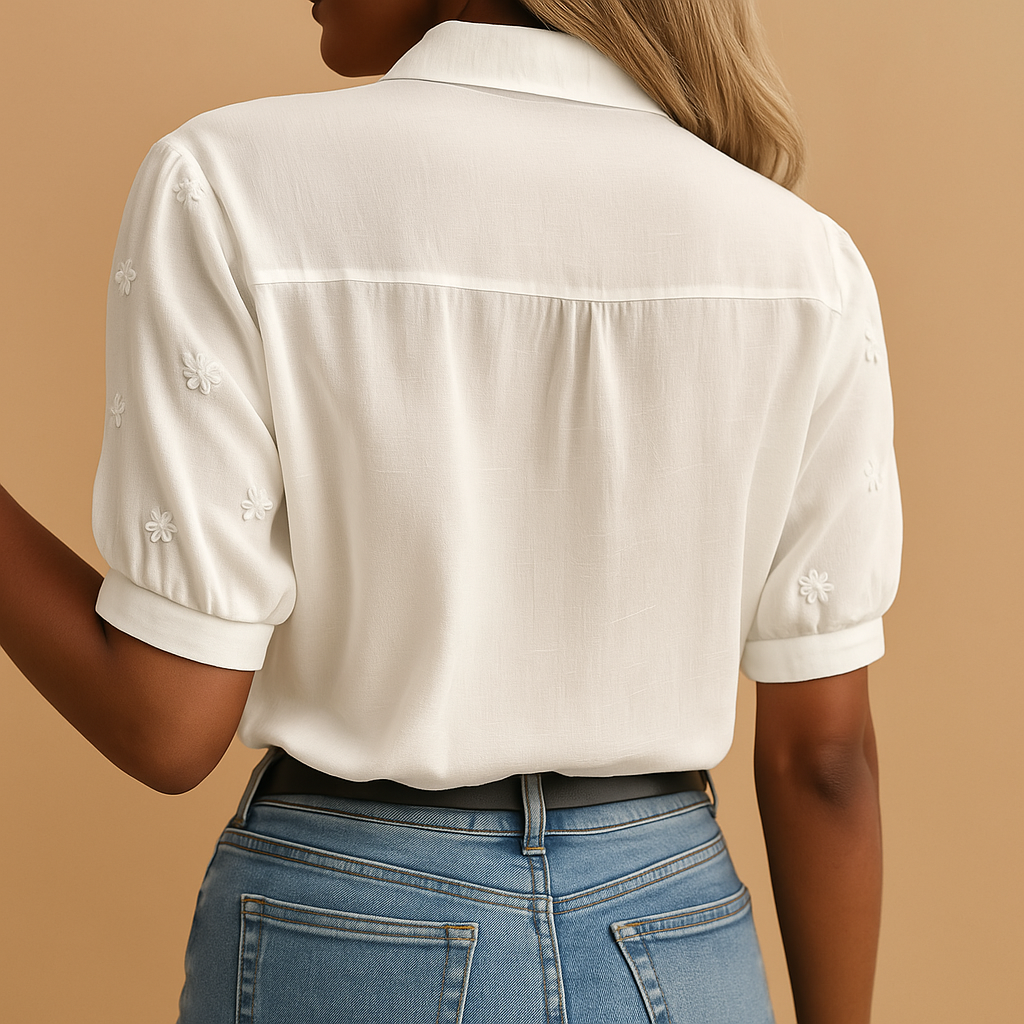 Rania | Blus Vit Broderad Med Hög Krage Elegant 