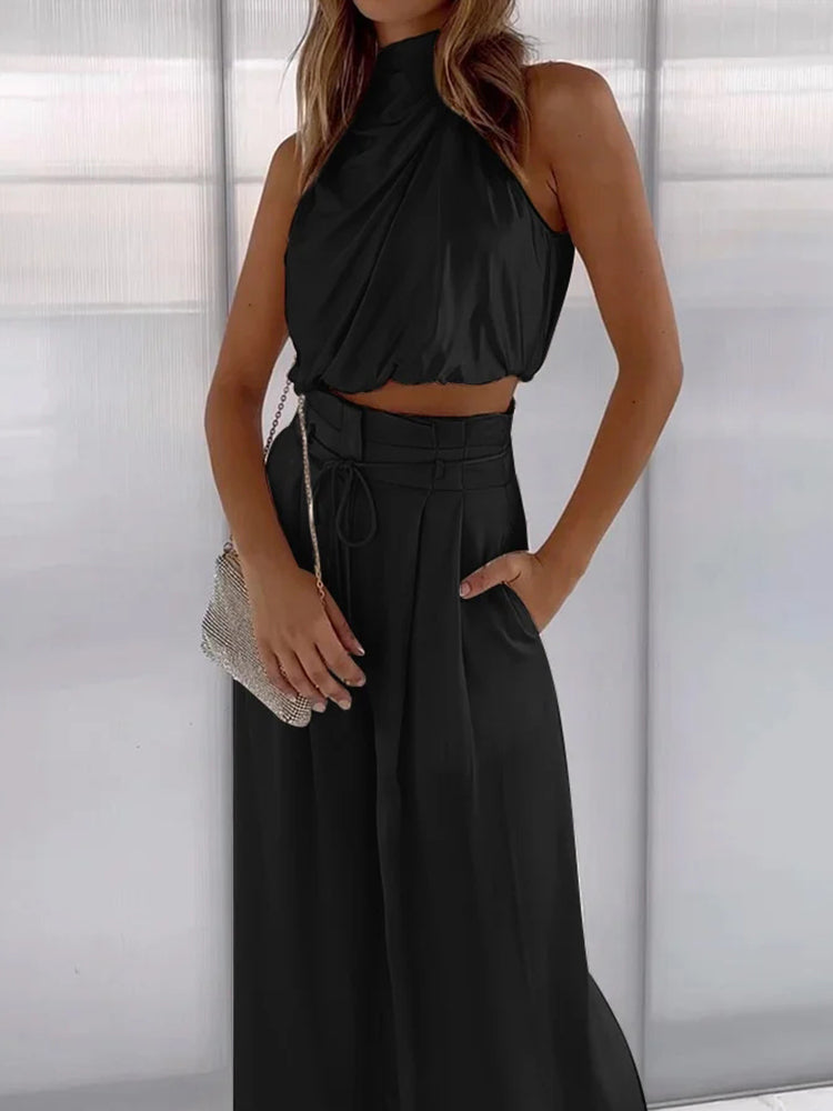 Marine | Ensemble Chic – Haut Asymétrique Et Pantalon Fluide