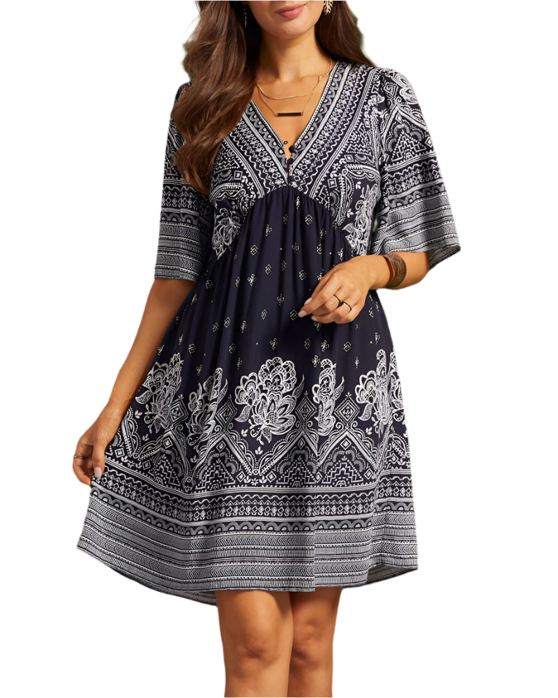 Ivana | Boho Kjole Med V-Udskæring Og Print 