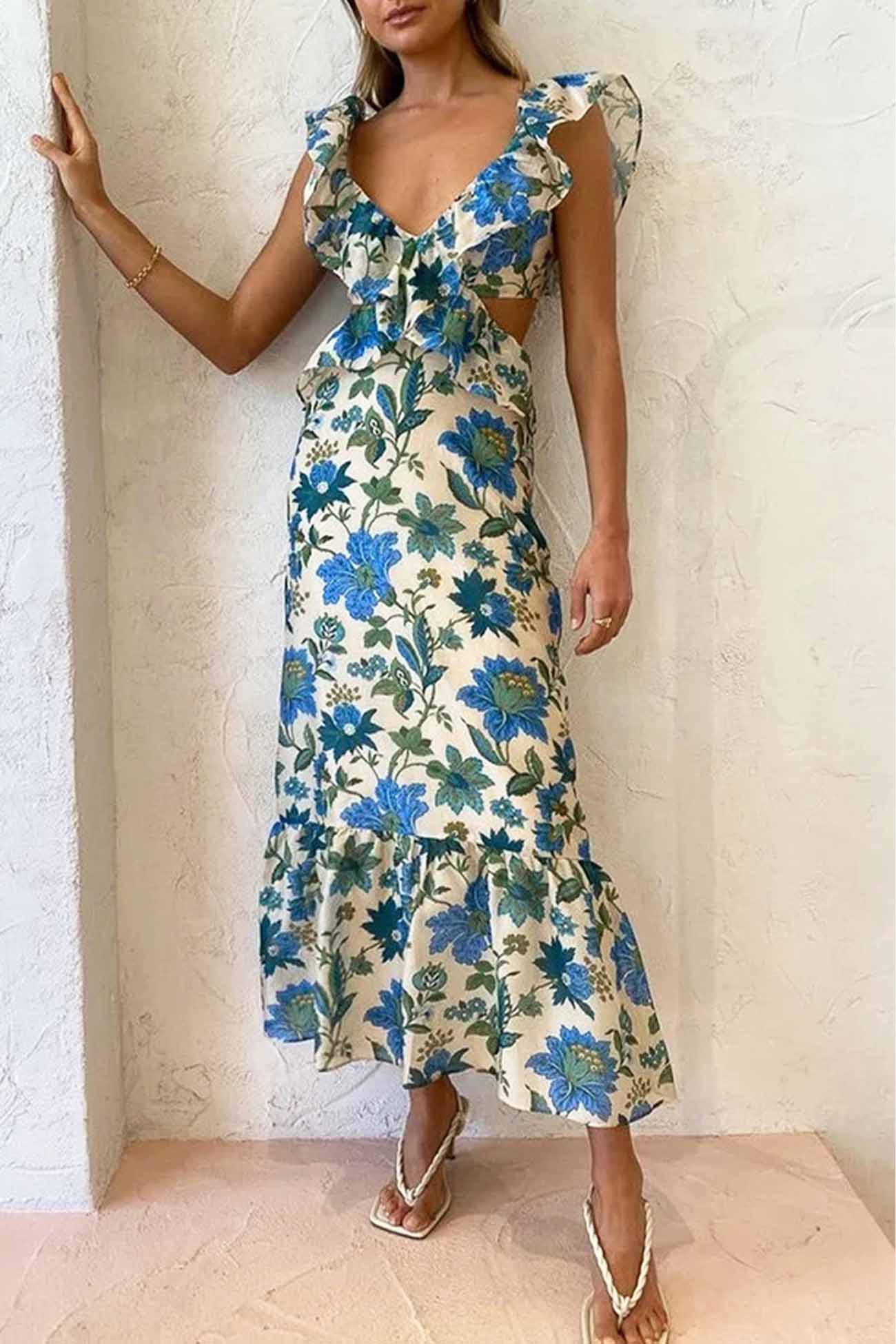 Mélinda | Abito Lungo Elegante Estivo – Senza Maniche Con Spalline A Volant 