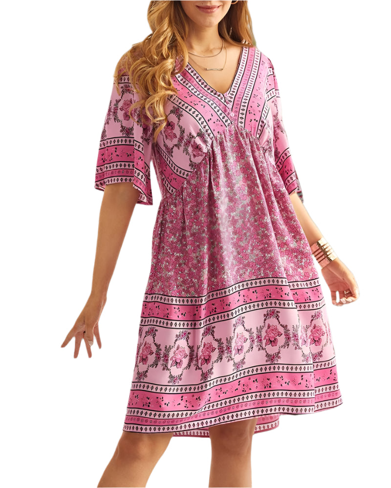 Ivana | Boho Kjole Med V-Udskæring Og Print 
