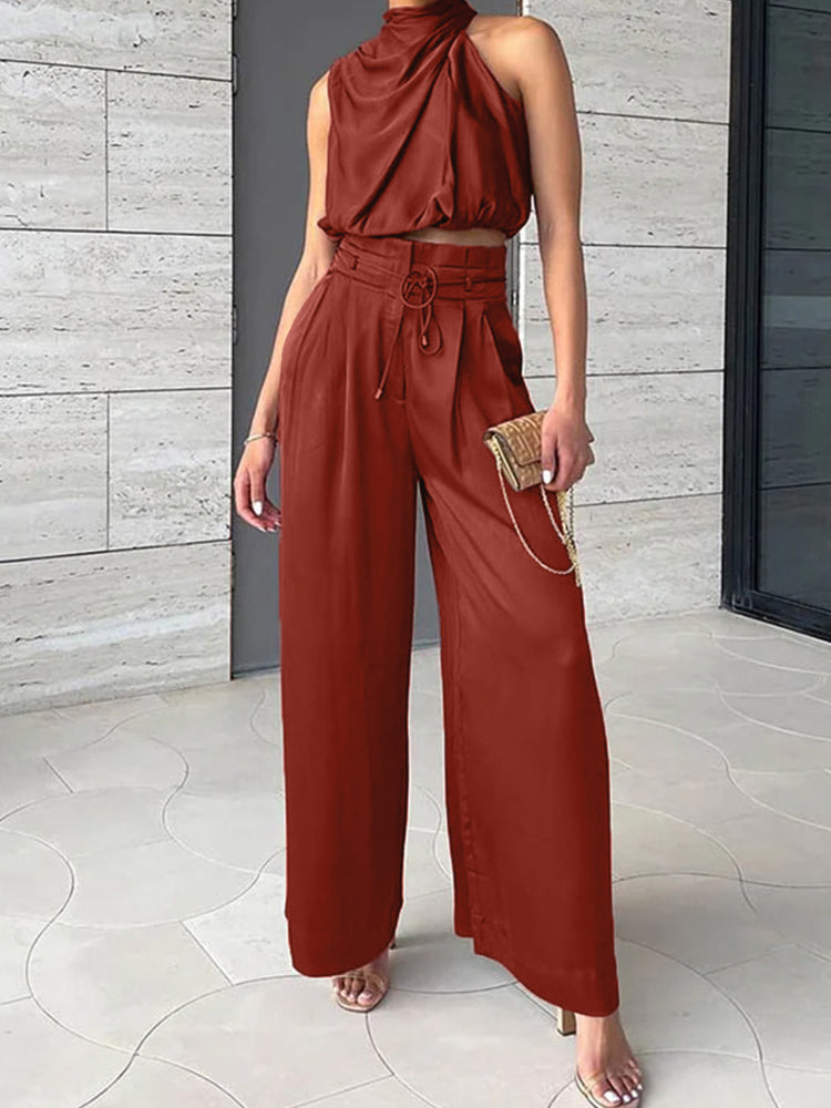 Marine | Ensemble Chic – Haut Asymétrique Et Pantalon Fluide