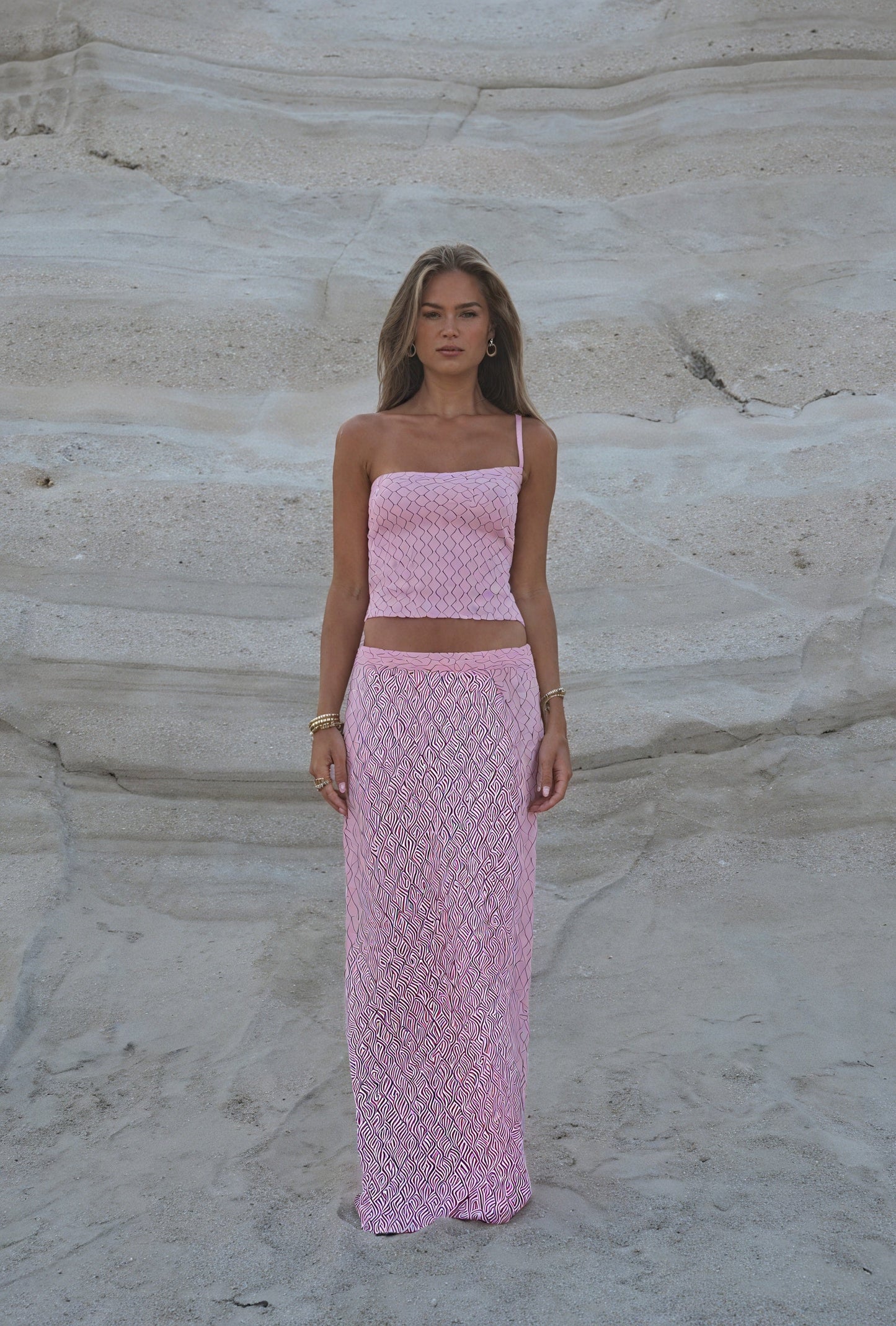 Blandine | Insieme Rayé Rosa – Top Senza Spalline E Gonna Lunga 