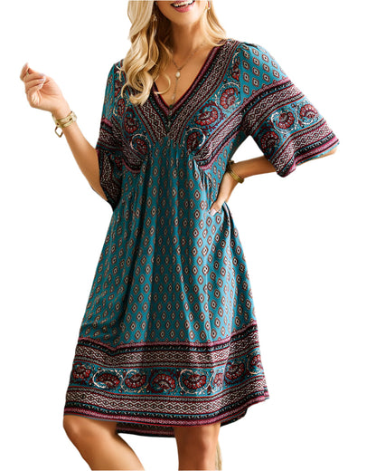 Ivana | Boho Kjole Med V-Udskæring Og Print 