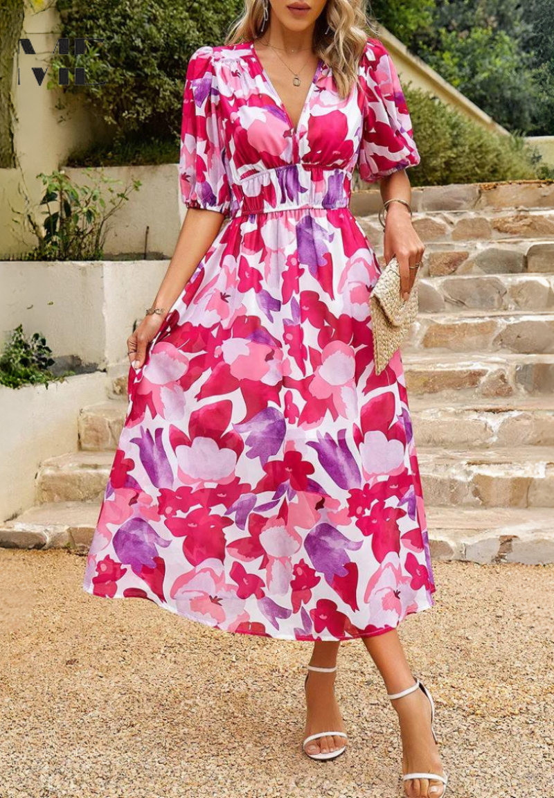 Alma | Blumen Kleid – Romantische Eleganz und strukturierte Ärmel 