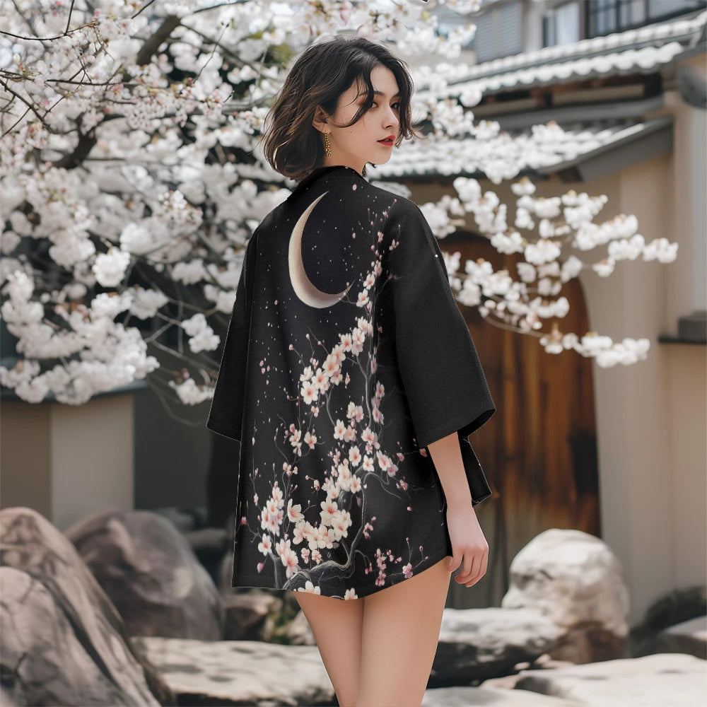 Clémence | Női Fekete Kimono Kabát Cseresznyevirág Mintával 