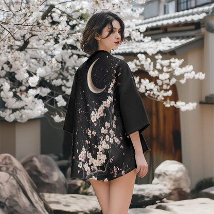 Clémence | Női Fekete Kimono Kabát Cseresznyevirág Mintával 